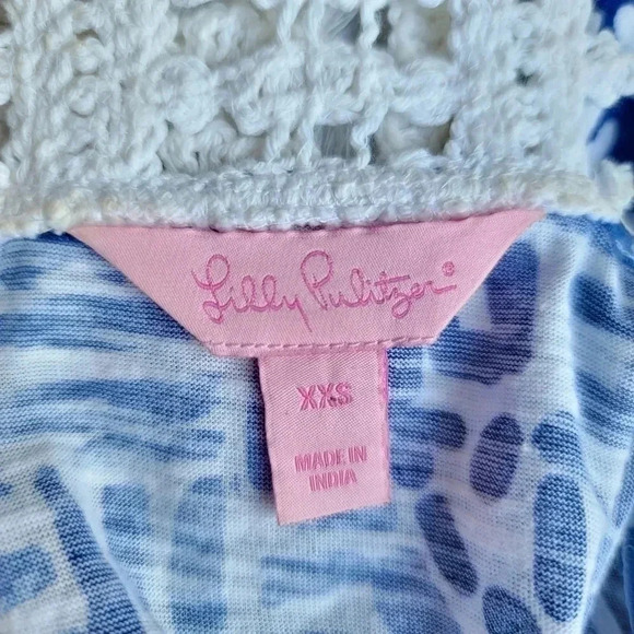 Lilly Pulitzer Nya Tank Blue White Racerback Crochet Lace Stretch Pom Trim XXS - Picture 7 of 13